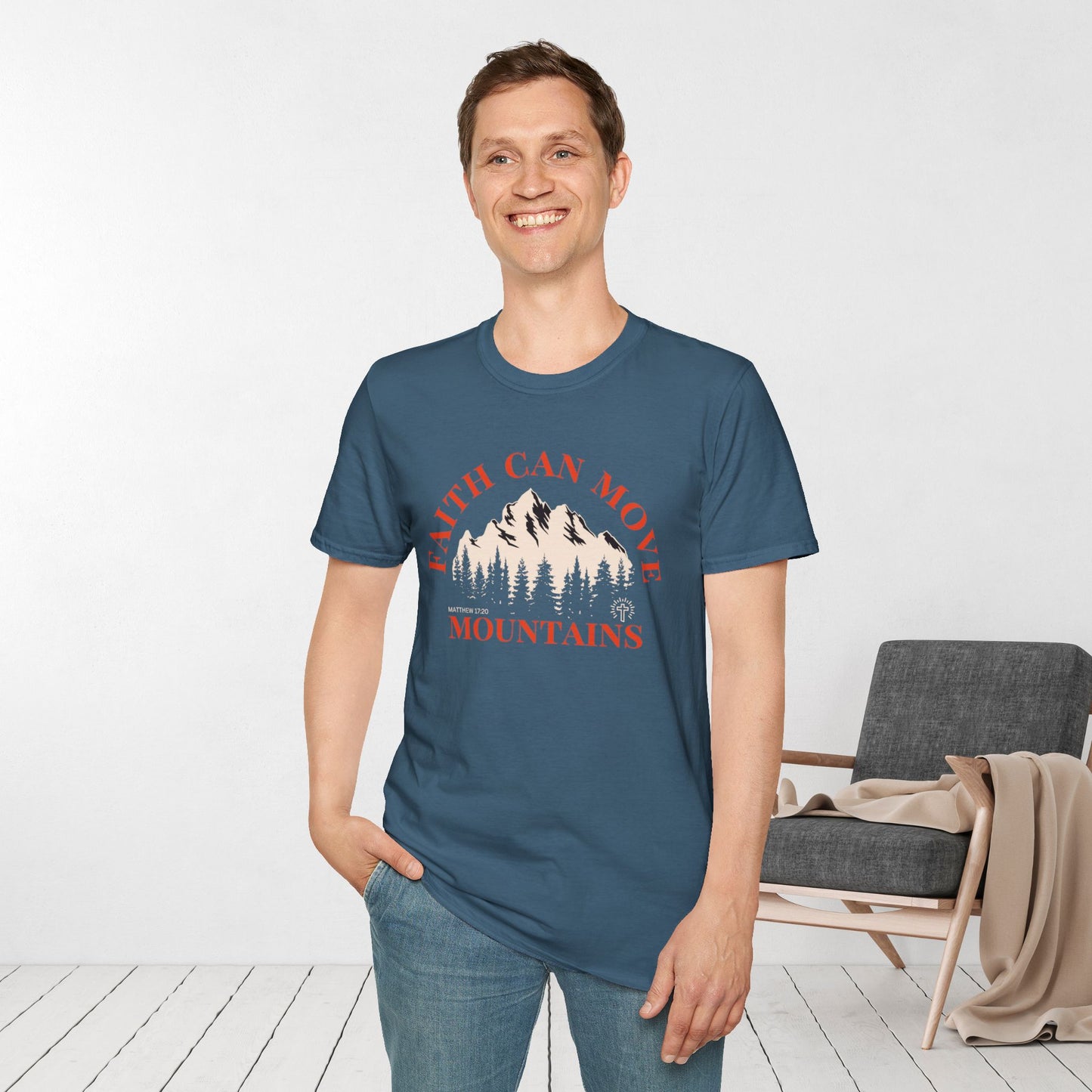 Faith Can Move Mountains Softstyle T-shirt - Matthew 17:20 Bible Verse Shirt