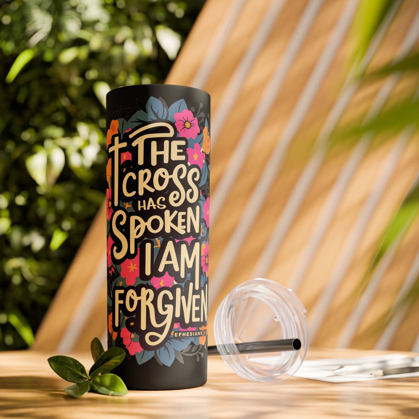 The Cross Has Spoken I Am Forgiven Skinny Tumbler with Straw - 20oz