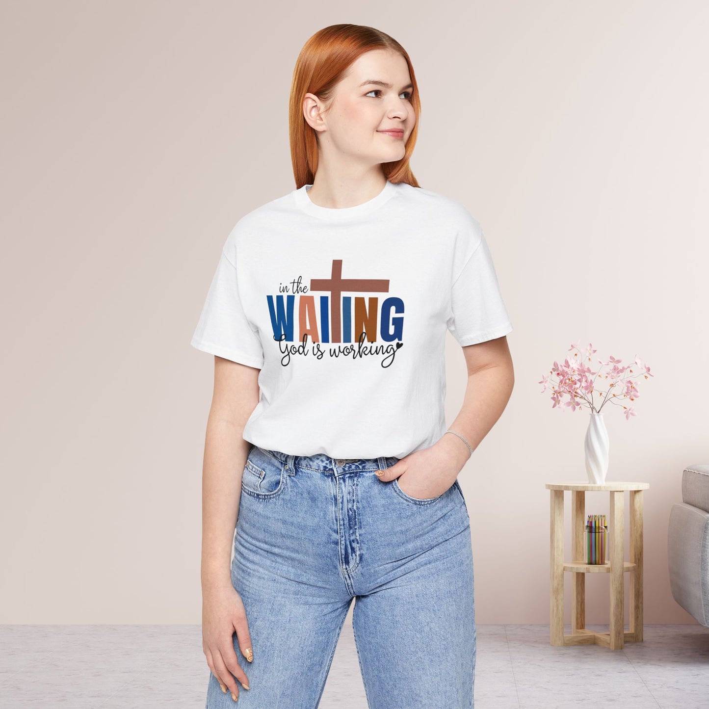 Blue In the Waiting God is Working Christian Soft Cotton Tee