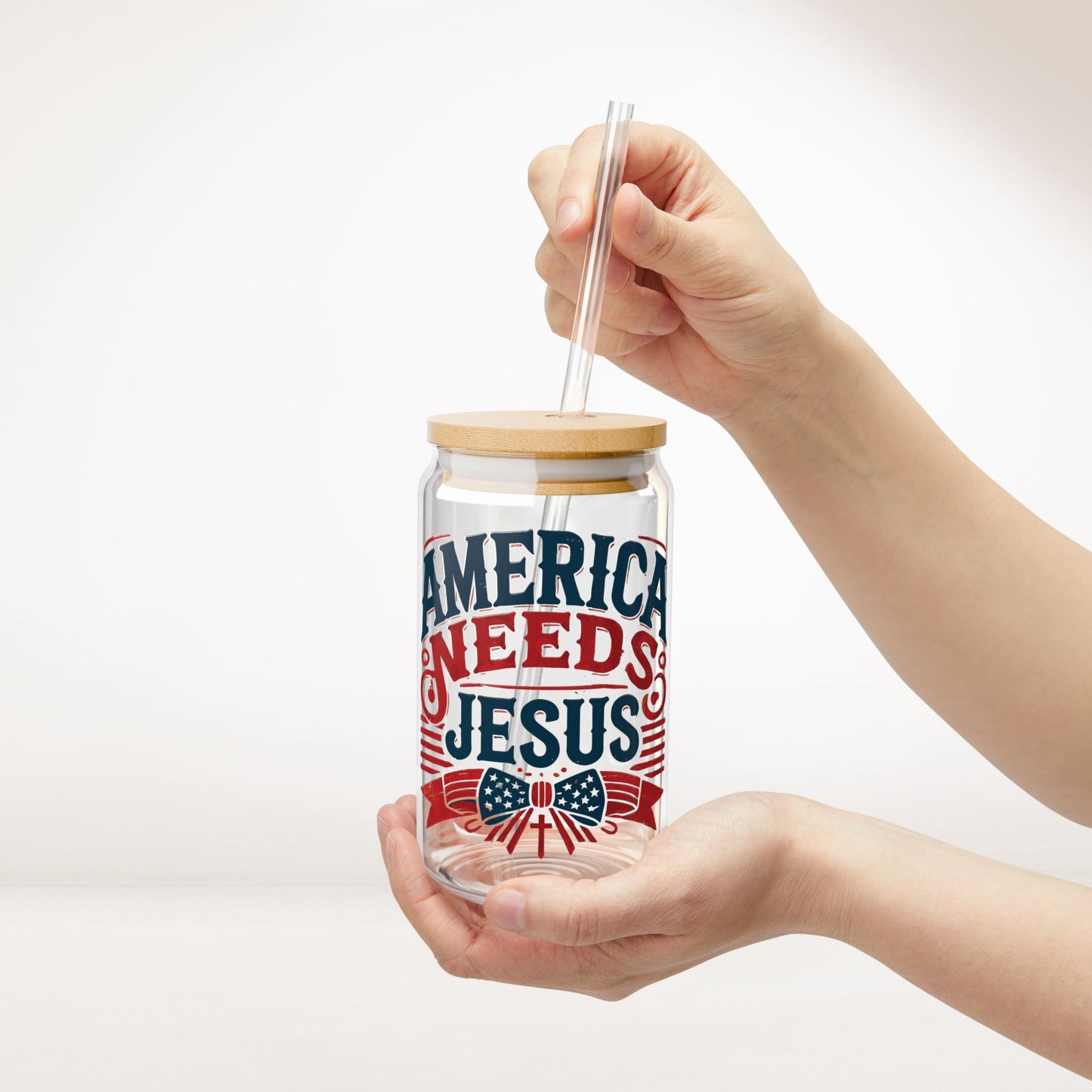 America Needs Jesus Sipper Glass with Bamboo Lid & Straw - 16 oz