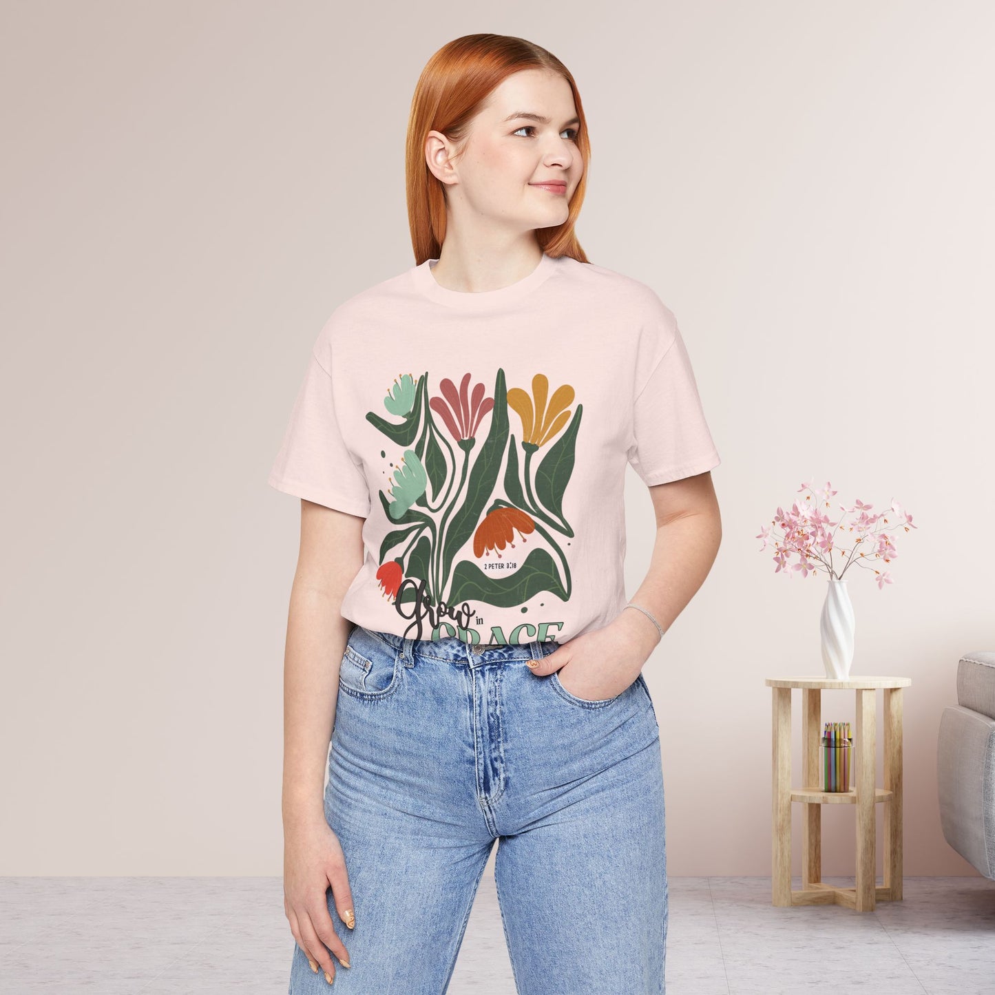 Floral Grow in Grace Soft Cotton Tee - Bible Verse T-shirt