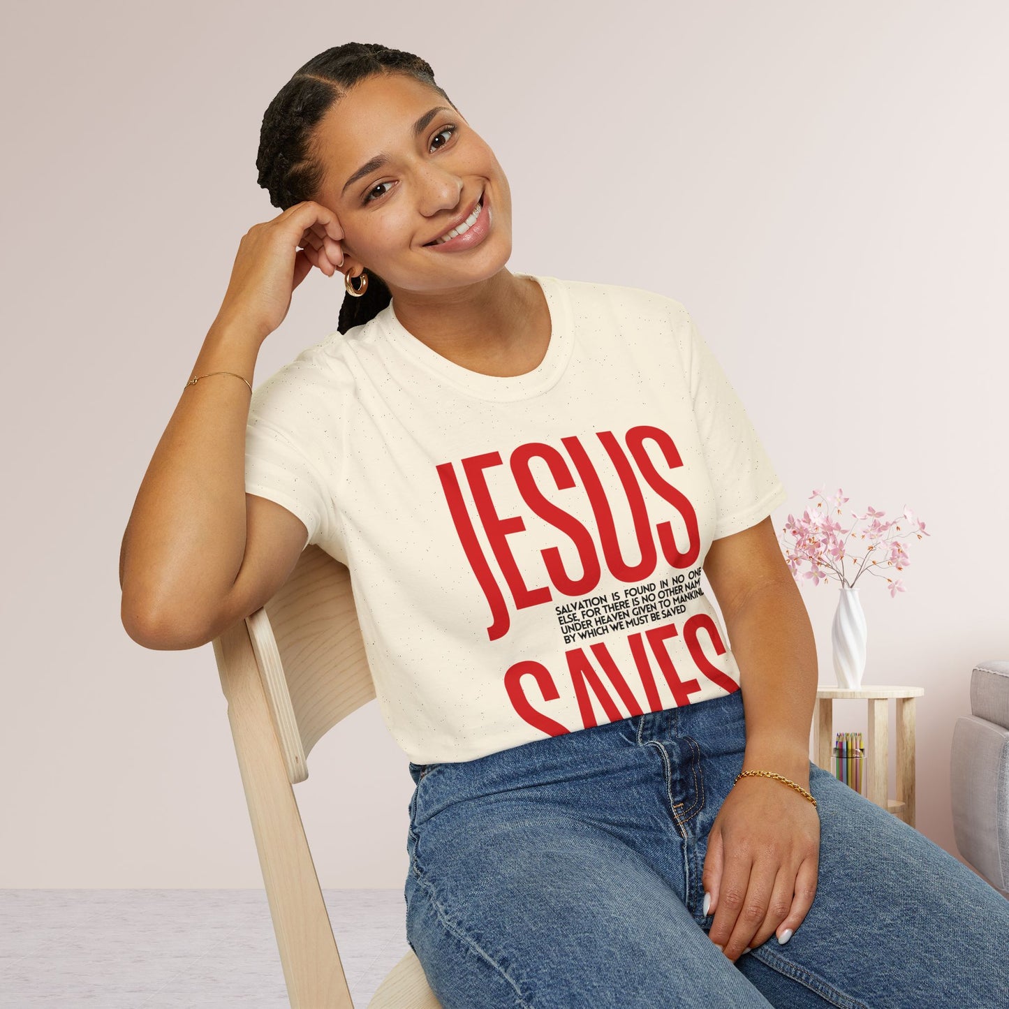 Trendy Jesus Saves Softstyle T-shirt - Acts 4:12 Bible Verse Christian T-shirt