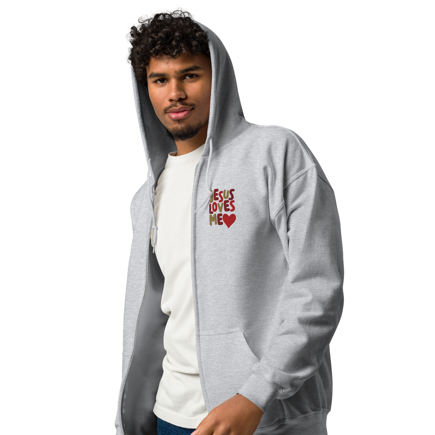 Jesus Loves Me Embroidered Zip Hoodie